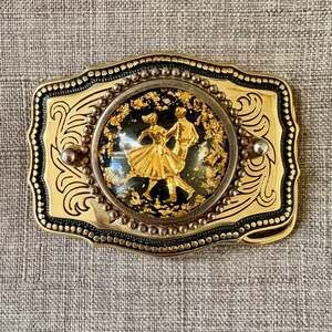 Vintage 70s Western Square Dance Couple Belt Buckle Real 23K Gold Leaf USA